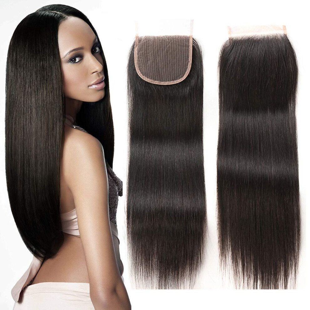 Brazilian Straight Human Hair Lace Closure 16 Inch 4x4 Swiss Natural Black 130% Density