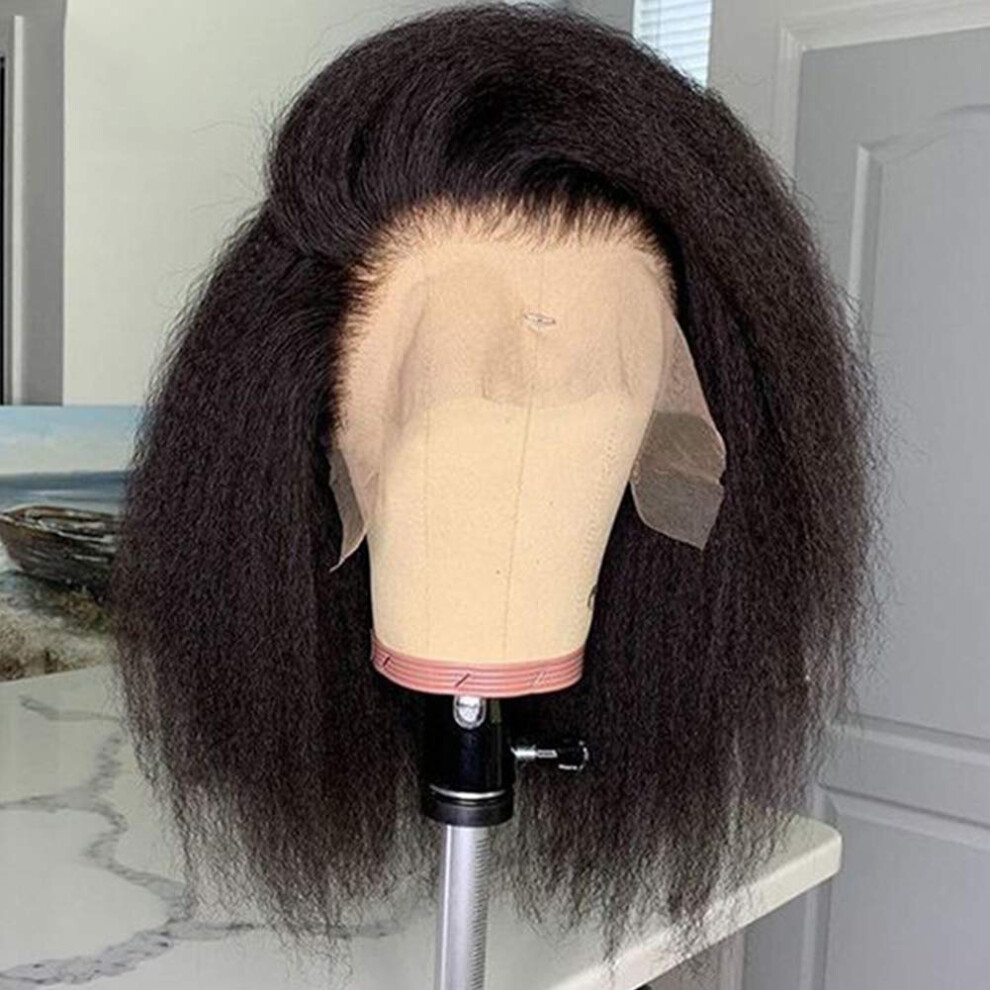 Unisex Black Human Hair Lace Front Wig Brazilian Virgin Kinky Straight 13X6 Pre Plucked 16 Inch Natural