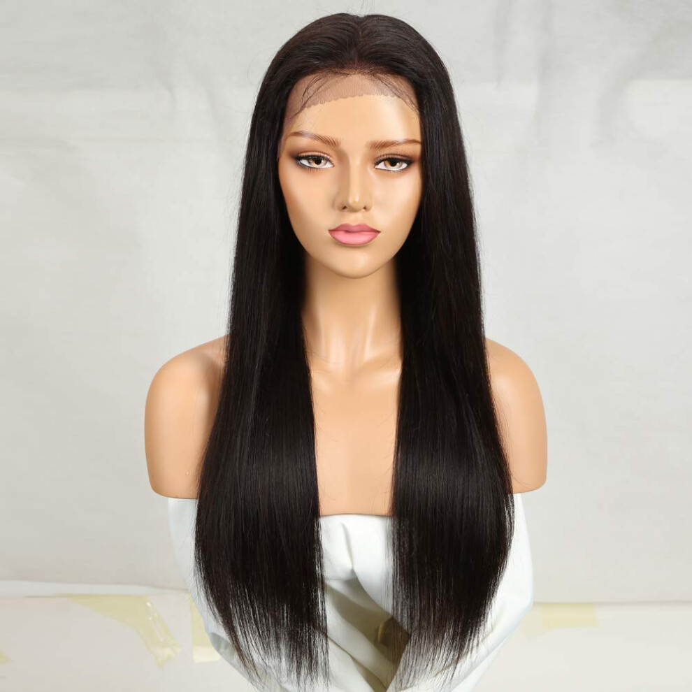 Unisex Black Lace Front Wigs Human Hair 13X4 Brazilian Straight Virgin Remy Hair 24In 180 Density Natural Hairline