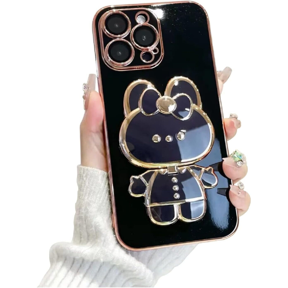 Cute Bunny Hidden Stand Compatible With Iphone 14 Case, Soft Tpu Shockproof 3D Mirror Rabbit Bracket With Camera Protection - Black 9322103565318