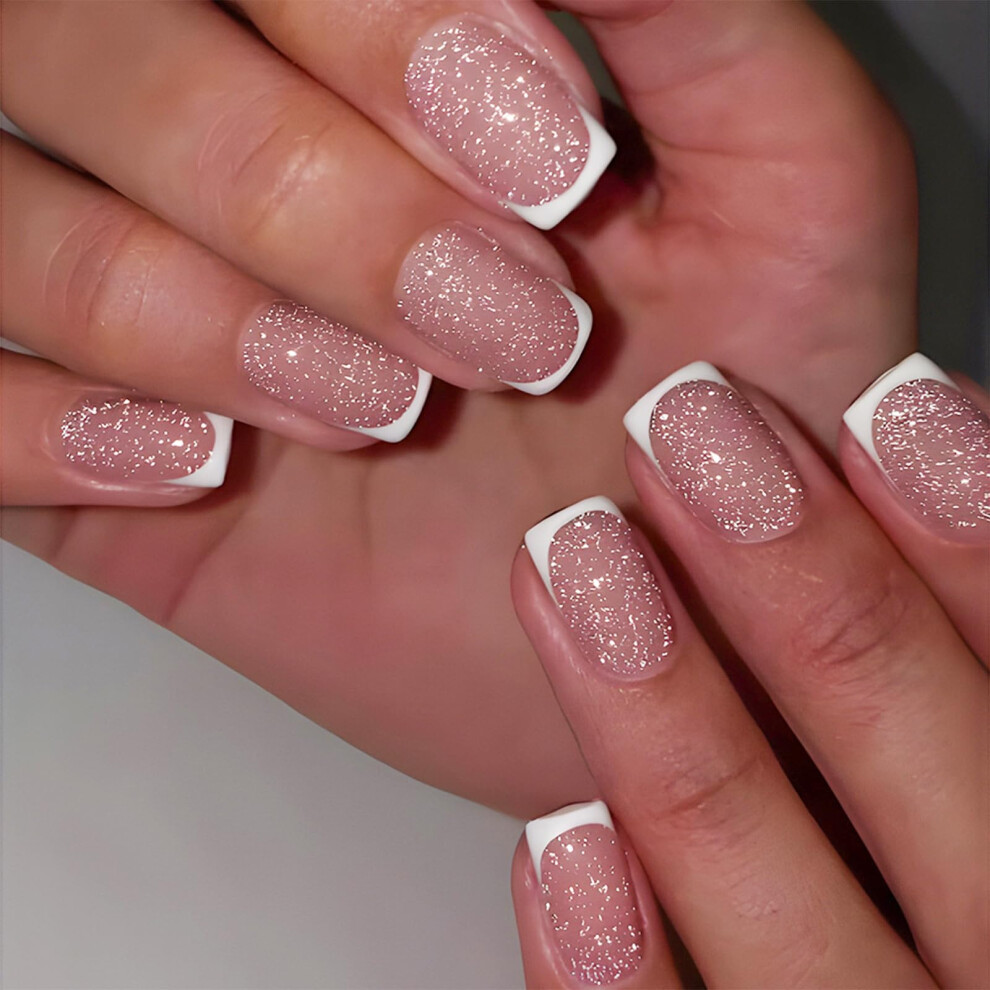 French Tip Press on Nails with Glitter Nude Pink Medium Square Fake Nails for Women 24Pcs