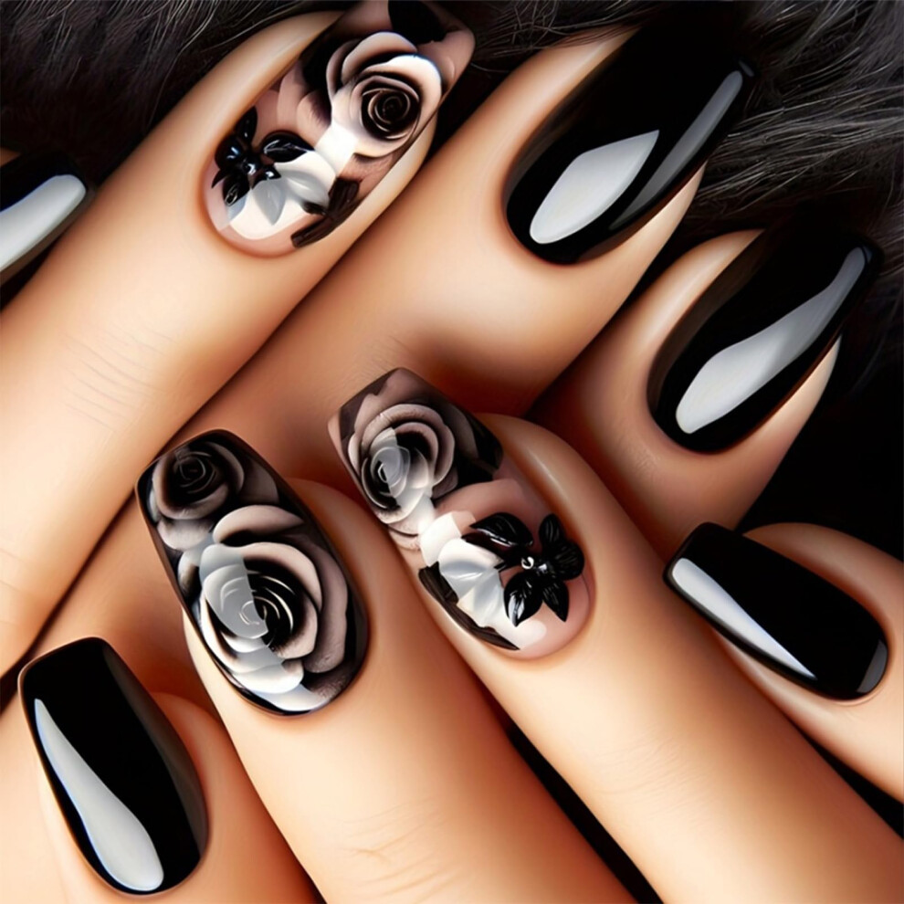 Black 24Pcs Short Square Press On Nails Glossy Fake Acrylic Set With Reusable Jelly Glue