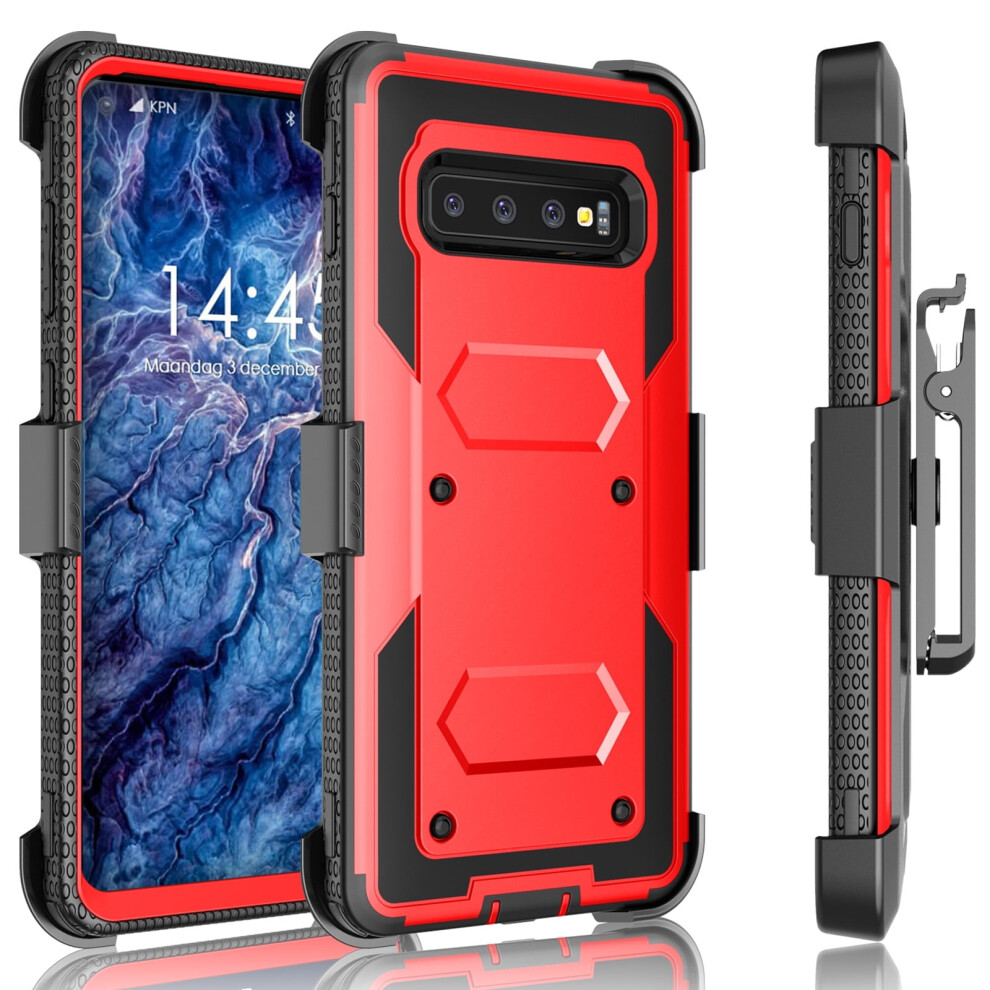 Galaxy S10 Case, Compatible With Samsung Galaxy S10 Holster Clip, Tshell Shock Absorbing Swivel Locking Belt Defender Armor Cover Red 9164030254534