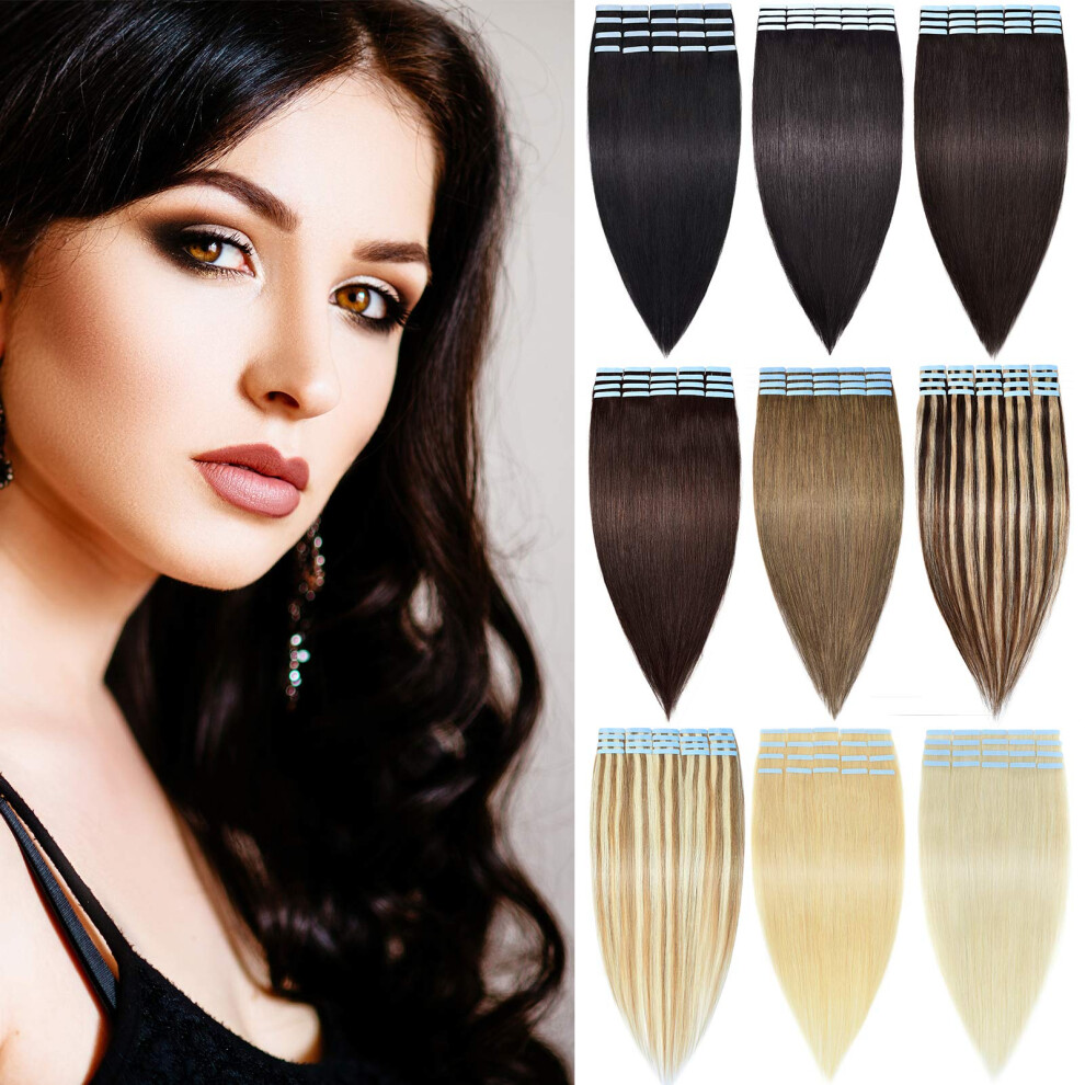 Unisex Black Tape In Hair Extensions Human Hair 100% Remy 20Pcs 50G Seamless Invisible 22In Jet