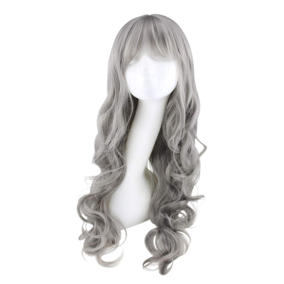 Unisex Grey Long Wavy Synthetic Wig For Cosplay Halloween With Heatresistant Fibers And Adjustable Fit