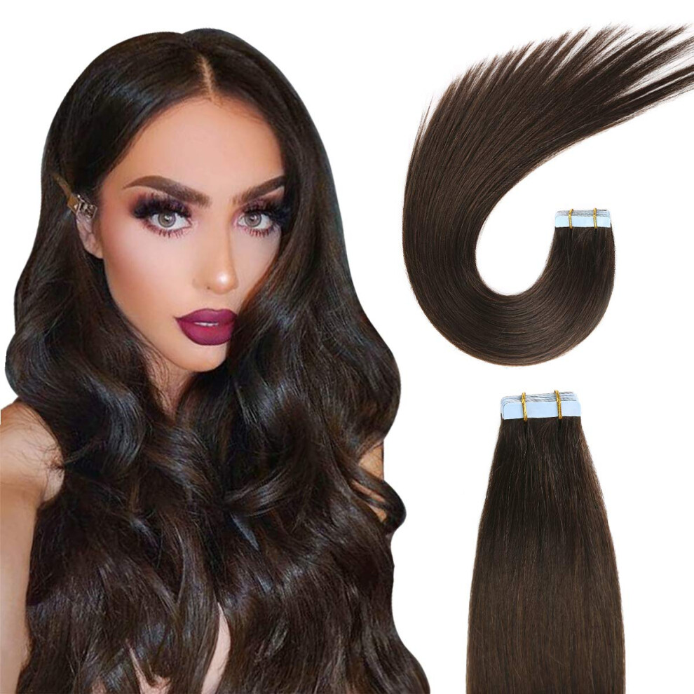 Unisex Brown Tape In Hair Extensions 16 Inch Darkest Remy Human Hair Seamless Skin Weft 40G Straight