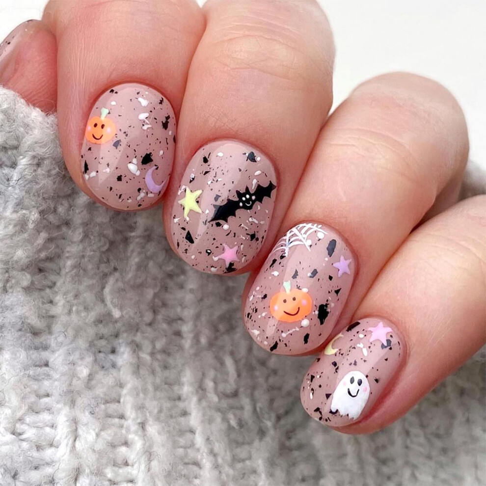 Halloween Press On Nails Short Square Cute Ghost Pumpkin Bat Reusable Acrylic Fake Nails