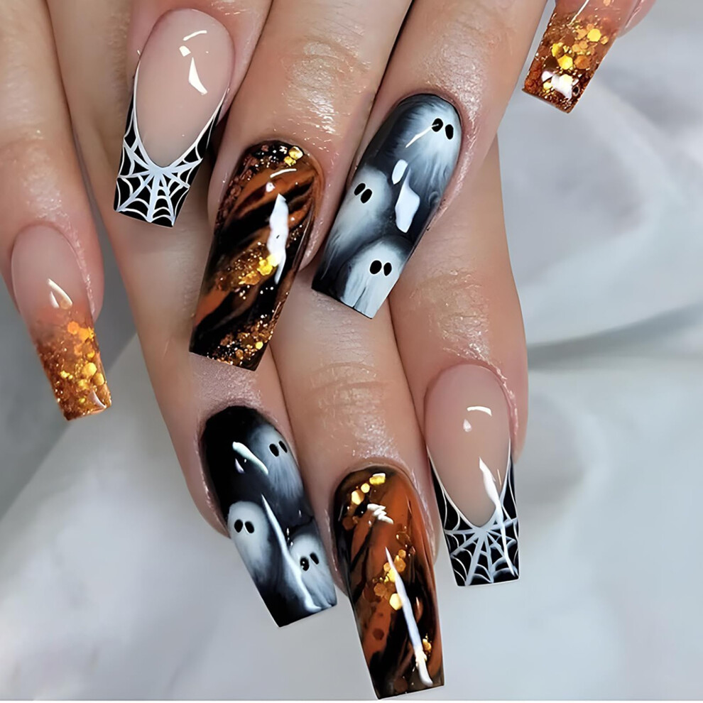 Halloween Press On Nails Long Coffin Fake Nails Black Glitter Spider Web Ghost Design 24PCS