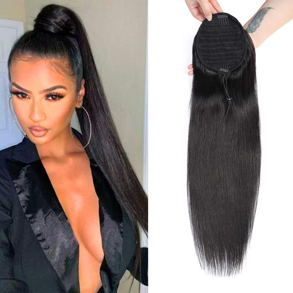 20 Inch Straight Human Hair Ponytail Extension Brazilian Virgin Remy with Secure Wrap Drawstring