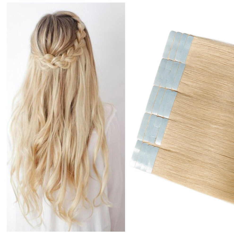 Unisex 16 Inch Bleach Blonde #613 Tape In Remy Human Hair Extensions Seamless Skin Weft For Instant Volume