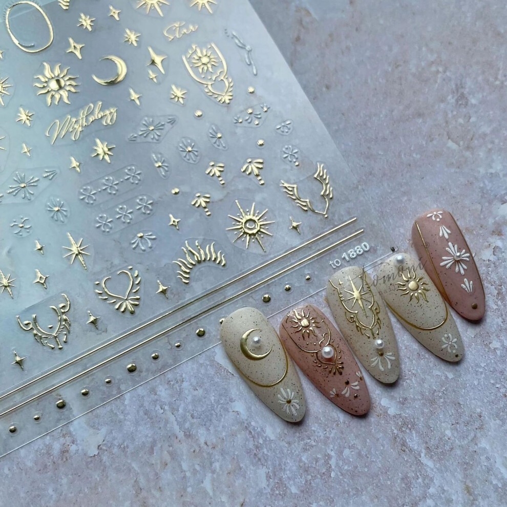 Golden 5D Embossed Nail Art Stickers Retro Moon Star Decals For Diy Manicure And Nail Design