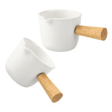 2 Pack Ceramic Milk Jug with Wooden Handle, Mini Porcelain Coffee Pitcher and Syrup Dispenser for Serving
