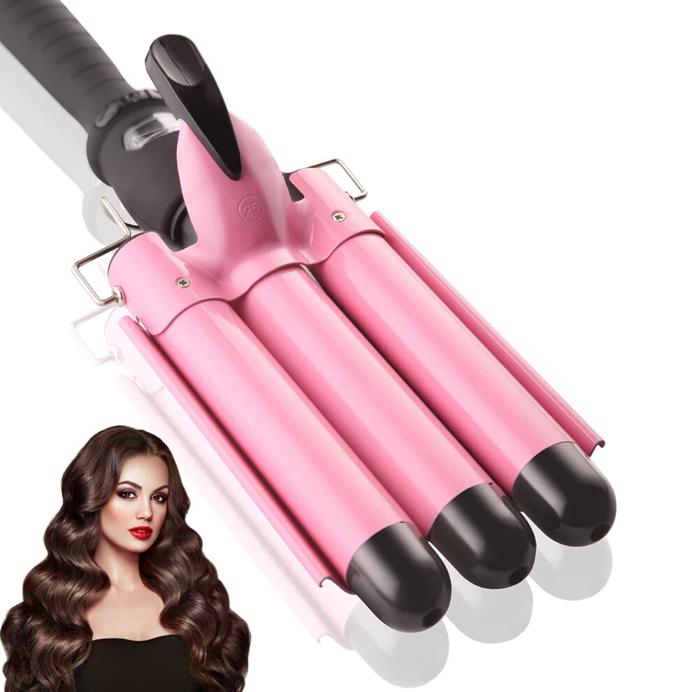 Pink Triple Barrel Curling Iron With Lcd Temperature Display, 1 Inch Ceramic Tourmaline Hair Waver
