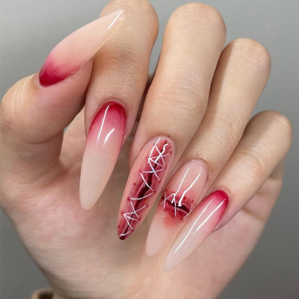 Red 24Pcs Halloween Stiletto Press On Nails Bloody Wound Design Fake Acrylic Nails Full Cover Reusable