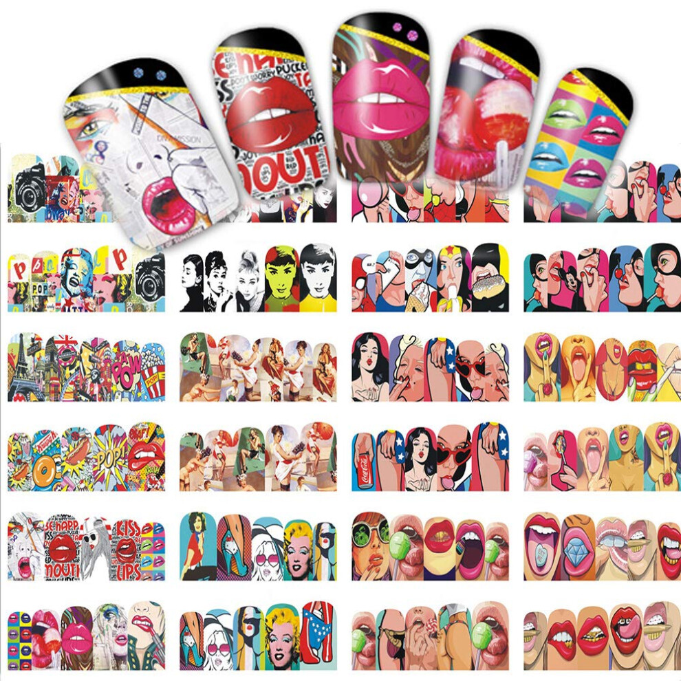 Water Transfer Nail Stickers Full Coverage Pop Art Lips Wraps DIY Trendy Manicure Decals