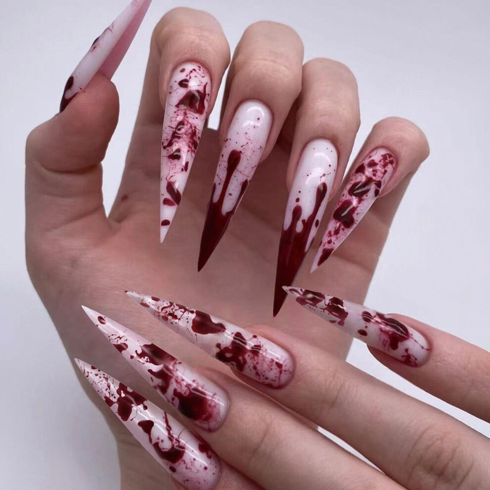 White,Red Halloween Press On Nails With Red Blood Design, Long Almond White Stiletto Fake Nails Set 24Pcs