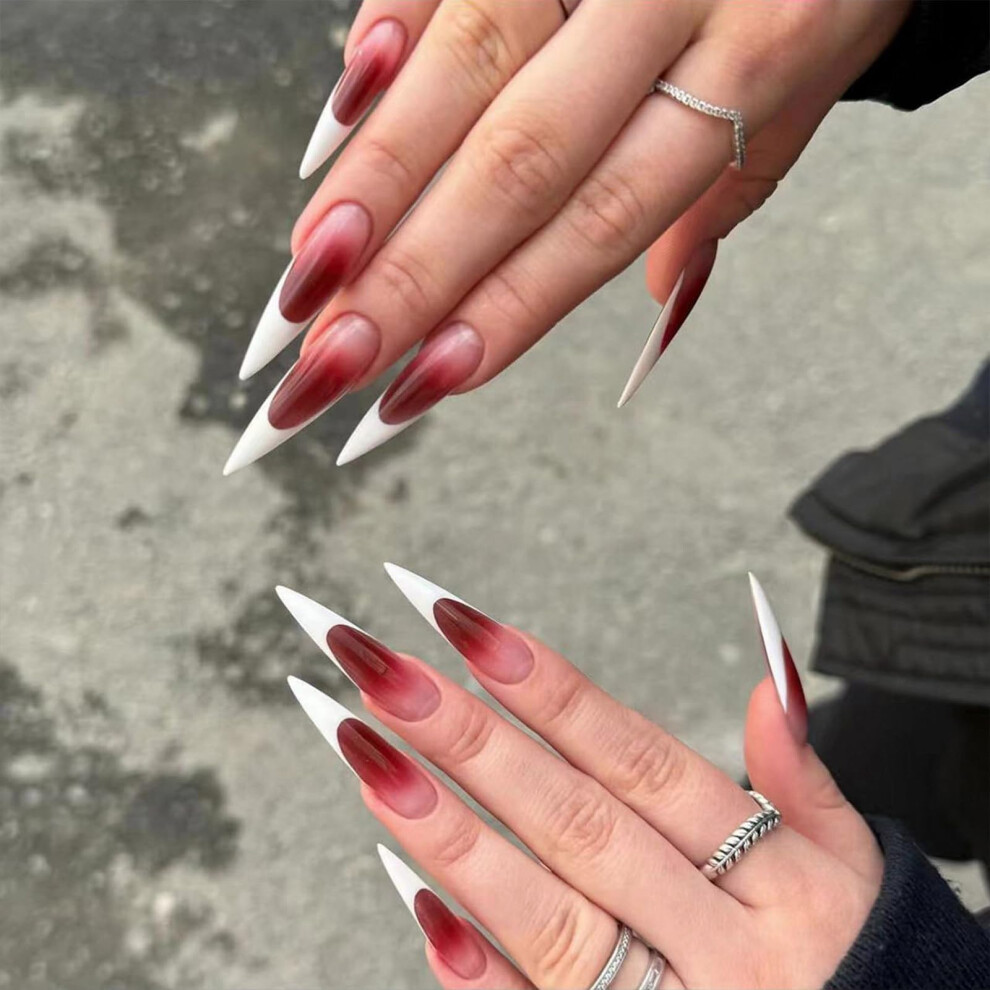 Red Long Stiletto Press On Nails Ombre French Tip Acrylic False Nails With Glue 24Pcs Set