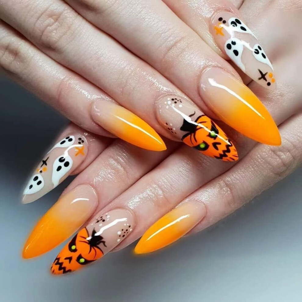 Halloween Press On Nails Medium Almond Fake Acrylic Nails with Pumpkin Ghost Design 24PCS Reusable