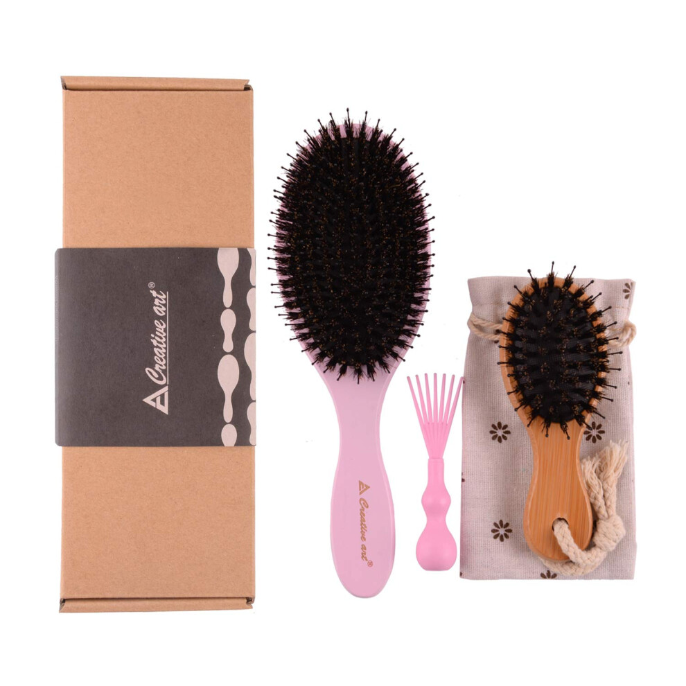 Boar Bristle Hair Brush Set with Wooden and Bamboo Handles, Gentle Detangling for All Hair Types