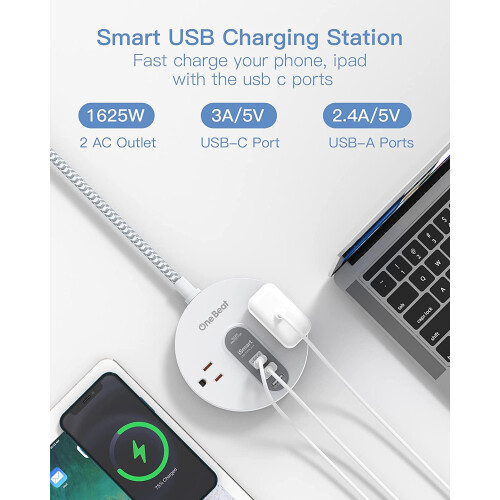 Πολύπριζο προστασίας από υπερτάσεις με USB C - Επίπεδη πρίζα με 2 πρίζες AC και 3 USB, 1