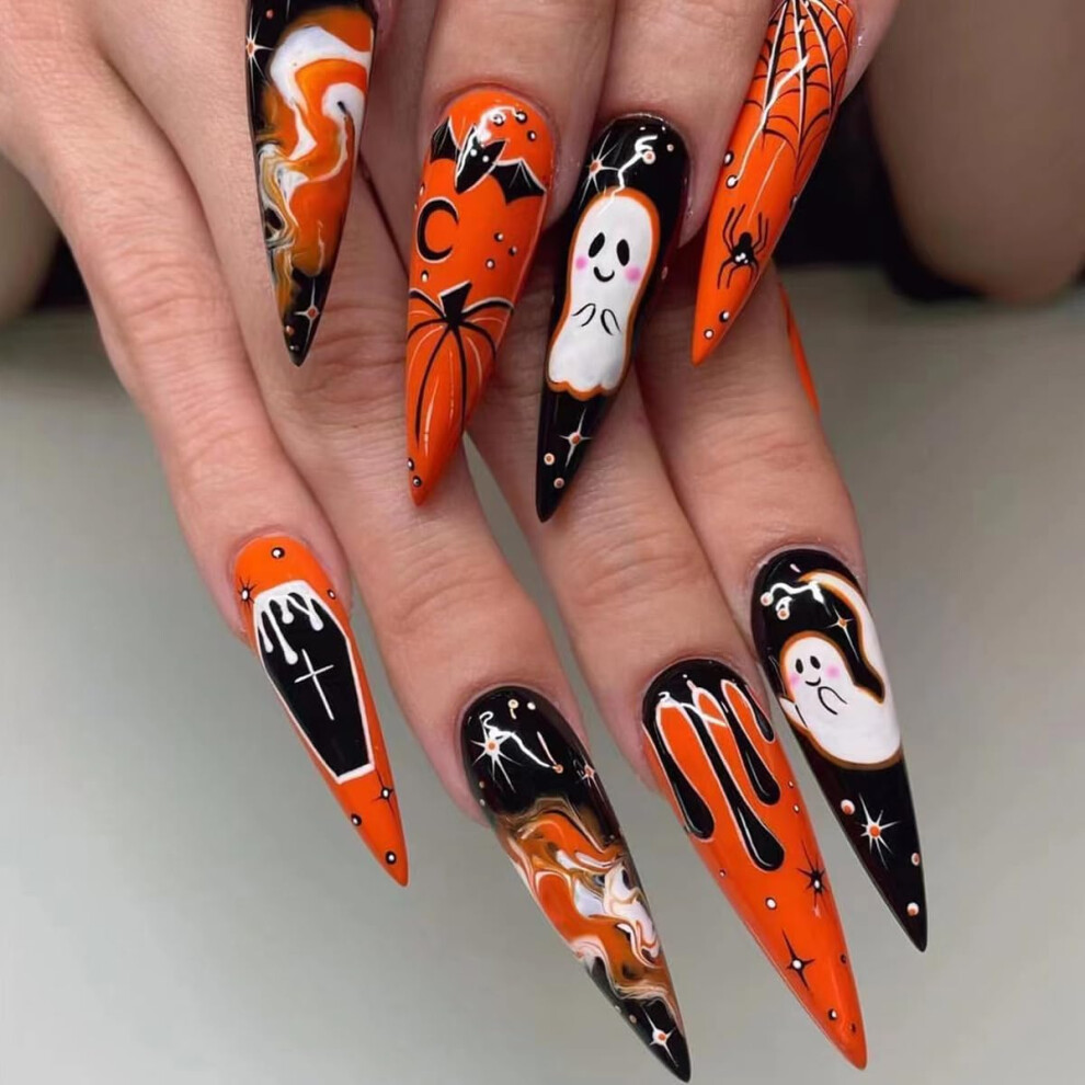 Black Halloween Stiletto Press On Nails Long Orange Gothic Soft Gel Acrylic False Nails