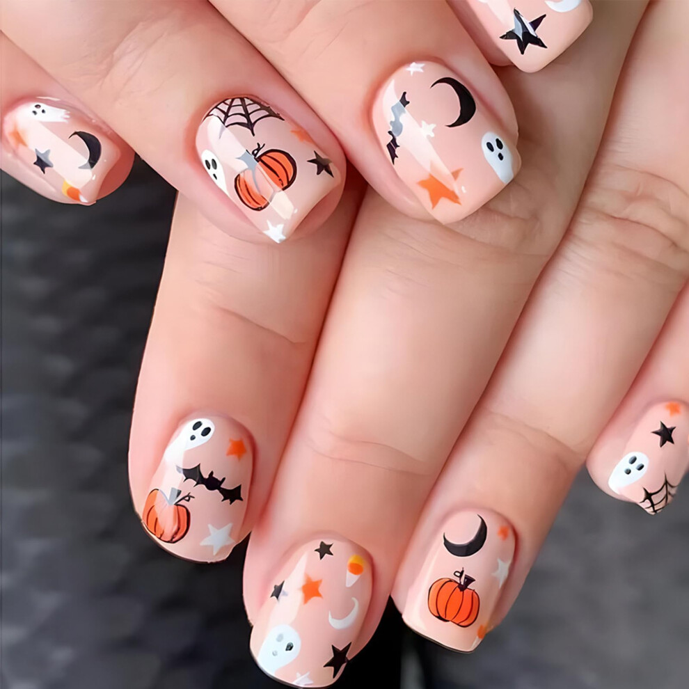 Halloween Press On Nails Short Square Ghost Pumpkin Bat Gothic Design Full Cover Acrylic 24Pcs