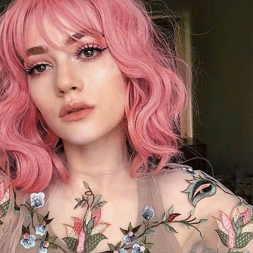 Pink Bob Wig Short Curly Wavy Heat Resistant Synthetic Hair with Bangs for Women Cosplay