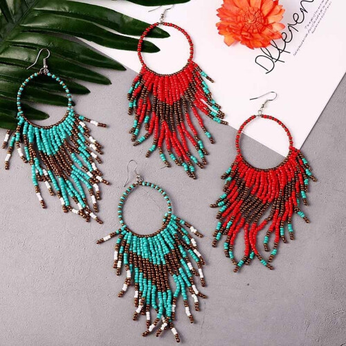 Boho-Ohrringe mit Perlen und Quasten, rund, lang, auffällig, Statement-Schmuck 1