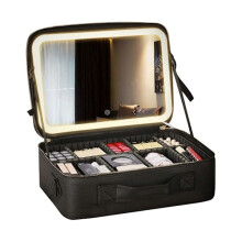 Make-uptas met verstelbare LED-spiegel, cosmetische reistas met verstelbare tussenschotten, toilettas in Atmosphere Black