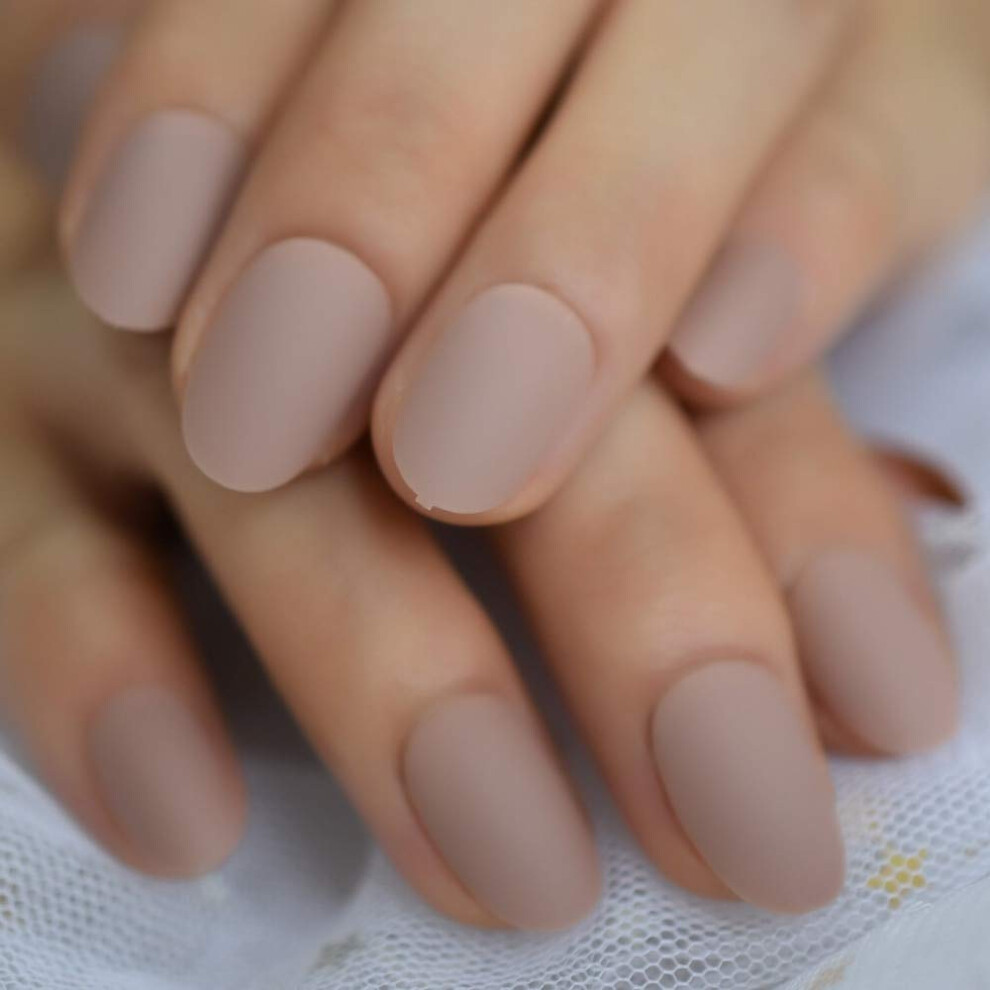 Matte Nude Press On Nails 24pcs Short Oval False Nails Set with Adhesive Multiple Sizes