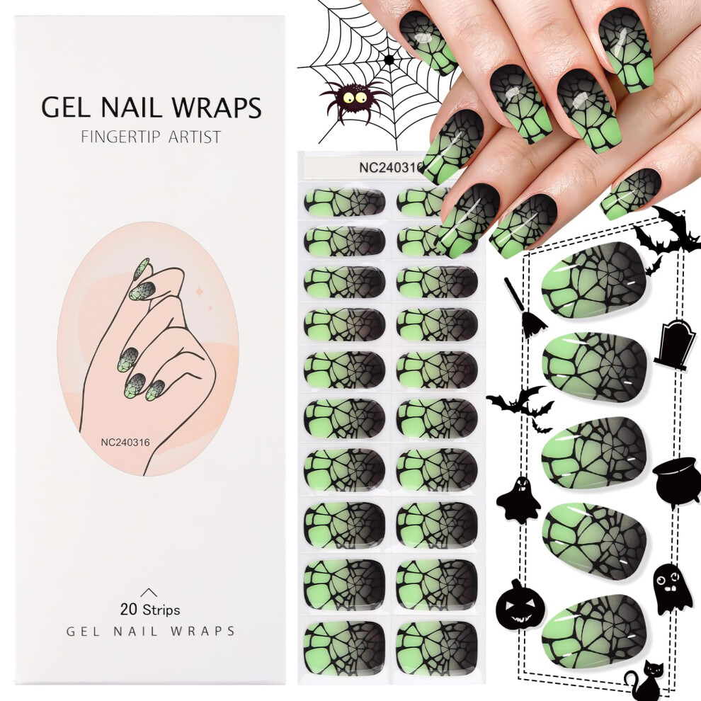 Green Halloween Gel Nail Strips Semi Cured, Pumpkin Bat Design, Salonquality, Longlasting,