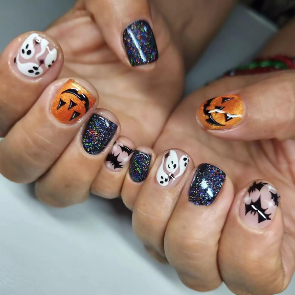 Halloween Press On Nails Short Square Pumpkin Bat Ghost Design 24PCS Acrylic Glitter Fake Nails for Women