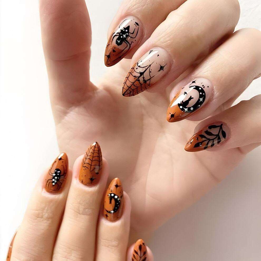 Halloween Stiletto Press On Nails 48pcs Cat Eye Spider Web Acrylic Full Cover False Nails for Women