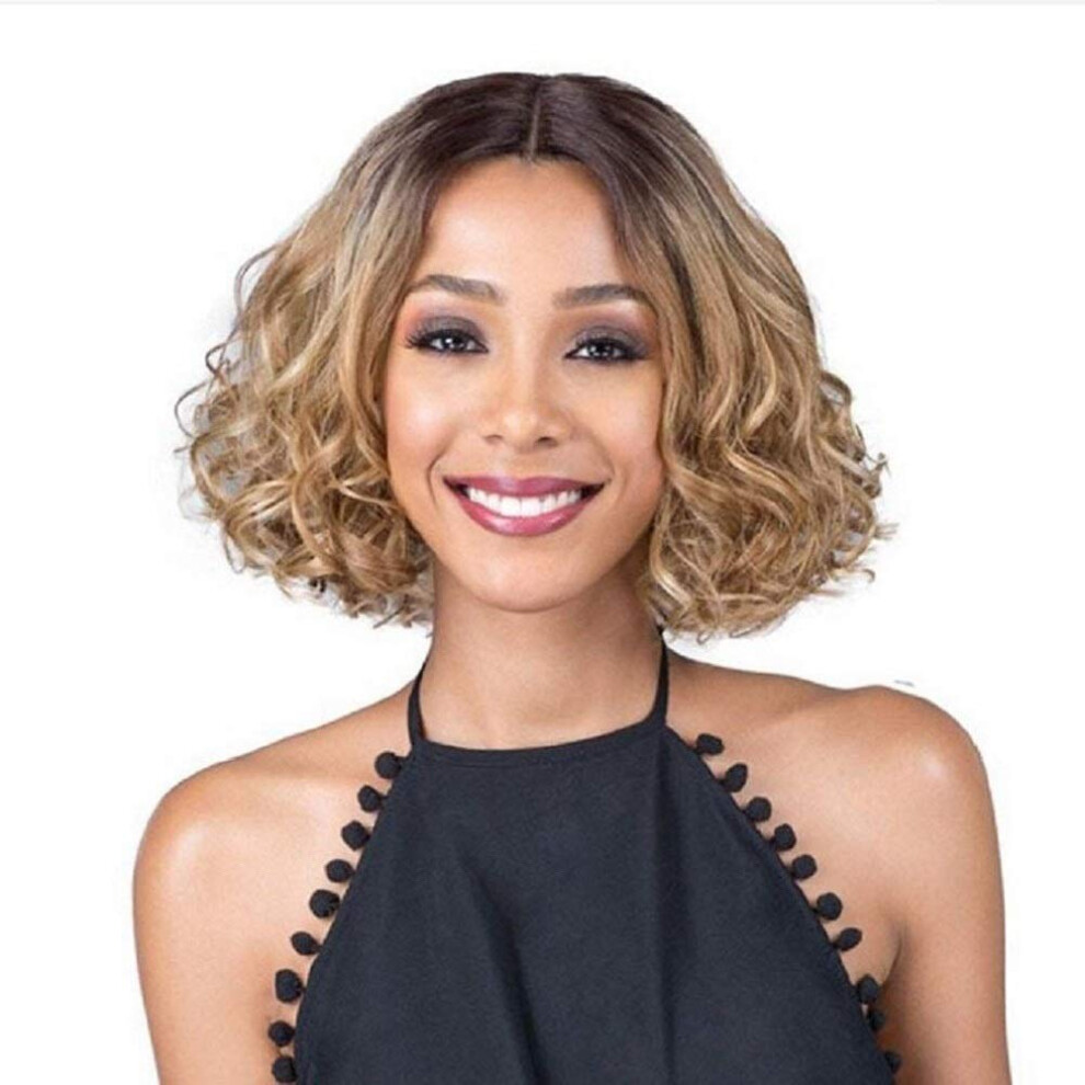 Blonde Bob Wig with Dark Roots for Women, Short Curly Synthetic Hair, Natural Curl Volume