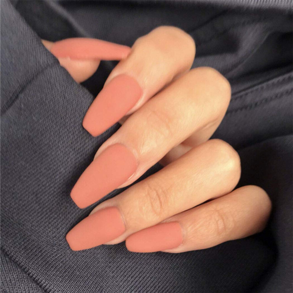 Orange Coffin Press On Nails Set With Adhesive Tabs, Matte Ballerina Fake Nails Full Cover 24Pcs