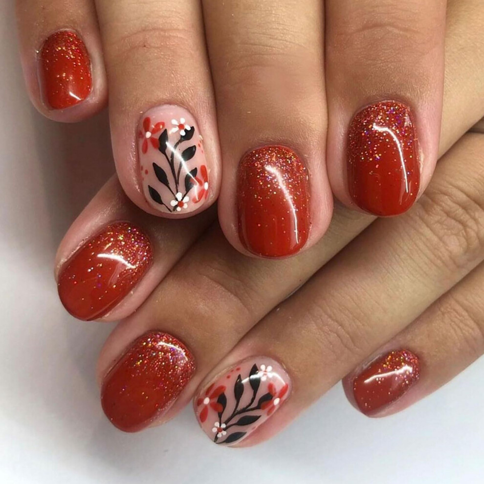 Red Autumn Maple Leaf Press On Nails Glitter False Nails For Thanksgiving French Full Cover Set