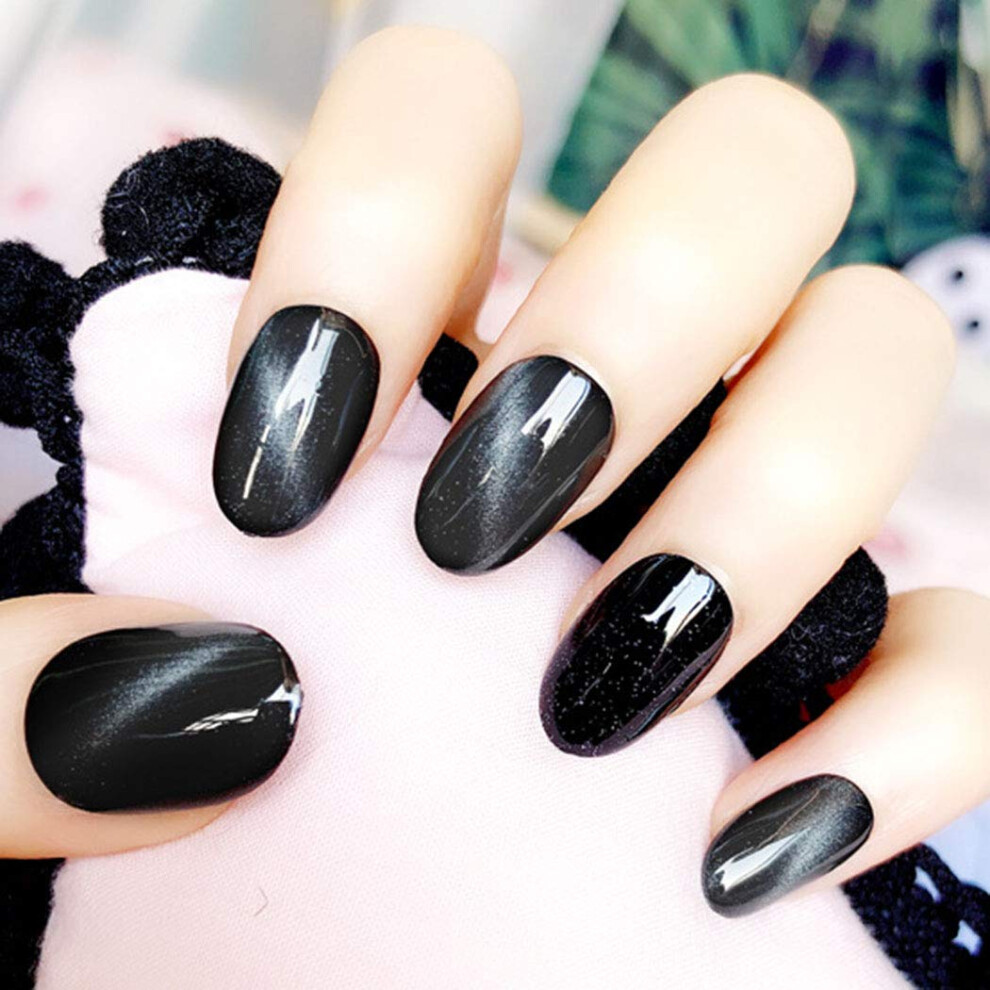 Black Glossy Cat Eye Press On Nails Glitter Oval Full Cover False Nails Kit 24Pcs