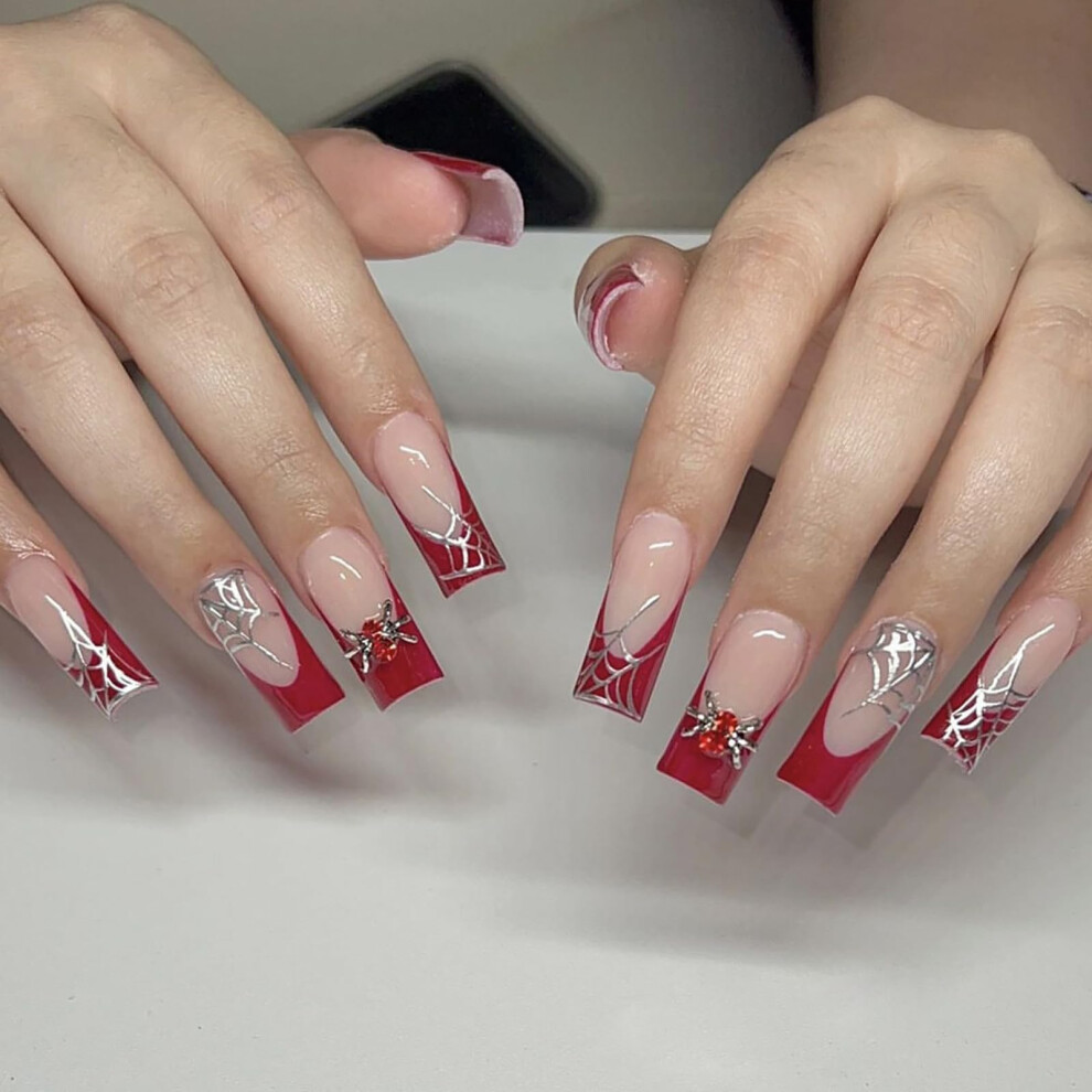 Red Halloween Press On Nails Coffin Shape French Tip False Nails With Spider Web Design For Women