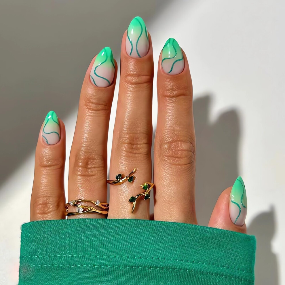 Glossy Green Almond Shape Press on Nails Medium Length Fake Nails with Designs Reusable Nail Tips