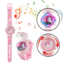 Children's watch with cartoon characters, flashing lights, luminous digital music watch with spinning top and flip case Unicorn