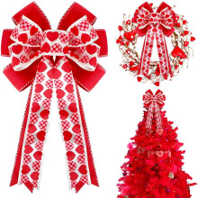 Valentines Day Tree Decorations, Valentine Tree Topper Bow with Red and Pink Heart for Valentines Day Wreath Wedding Holiday Party