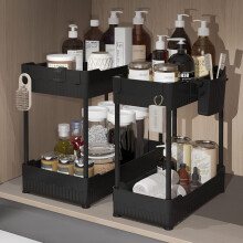 Organizador para debajo del fregadero (paquete de 2), organizador para debajo del armario del baño con ganchos para colgar vasos, estante de