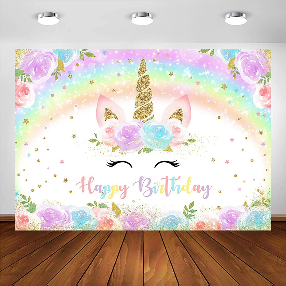 Rainbow Unicorn Birthday Backdrop For Girl, Glitter Watercolor Flowers Party Banner, Cake Table Decor, Photography Background Gold 9048212789871