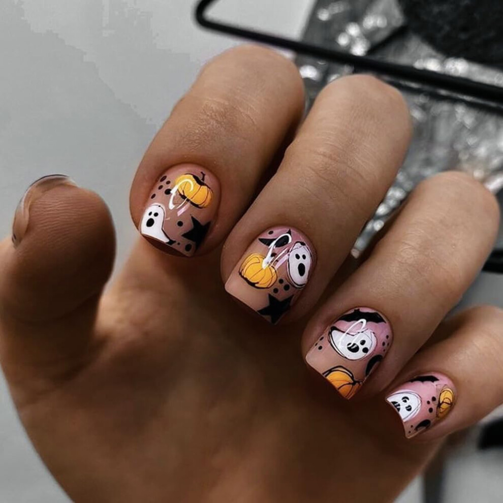 Halloween Press On Nails Short Square Fake Nails with Ghost Pumpkin Design Reusable 24Pcs Set