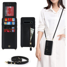 Kompatibel mit Samsung Galaxy S10: Brieftaschenhülle für Damen, Kartenhalter, Umhängegurt, Kreditkartenfächer, Aufstellfunktion, 6,1 Zoll, Schwarz