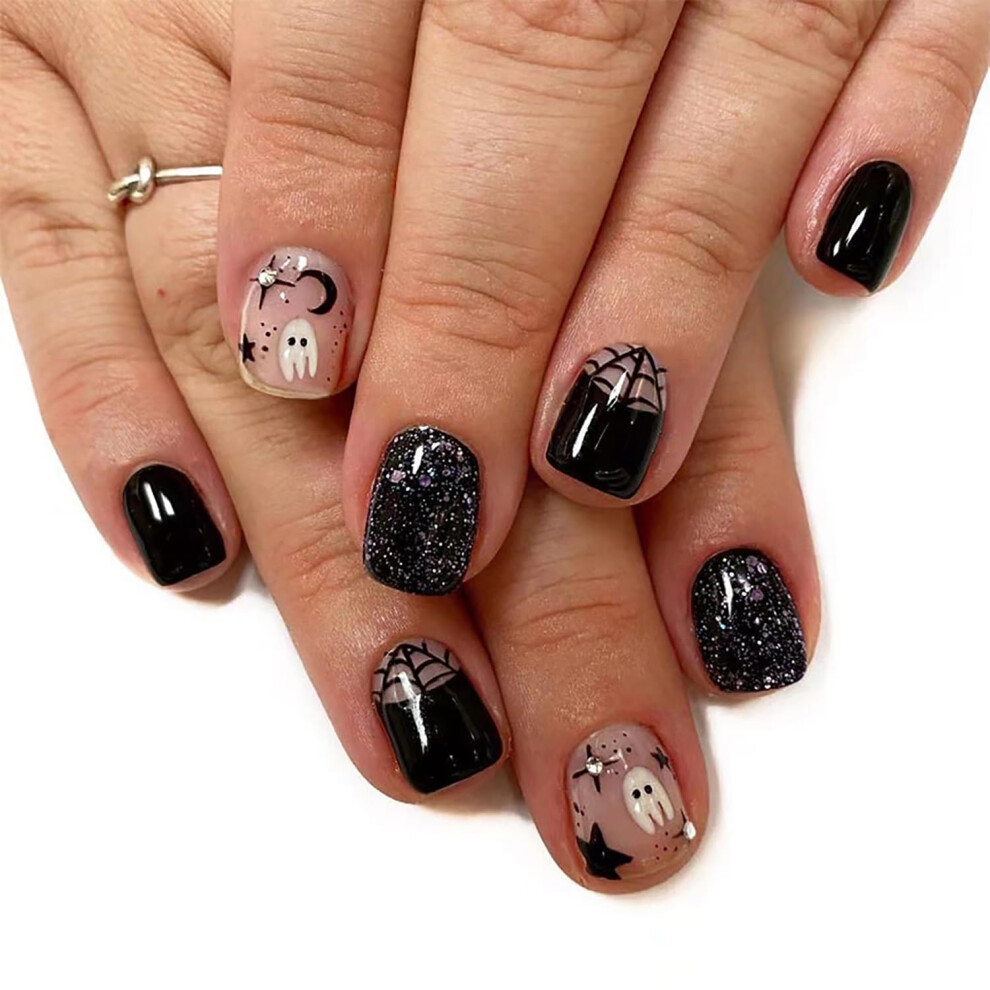 Halloween Press On Nails Short Square Ghost and Spider Web Design with Rhinestones Acrylic False Nails