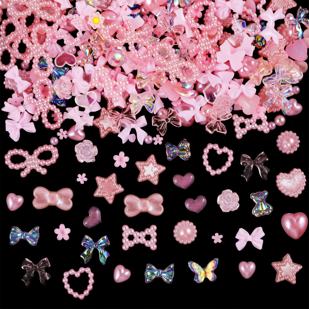 Pink 200Pcs 3D Nail Charms Set With Mixed Shapes Flatback Pearls And Rhinestones For Nail Art