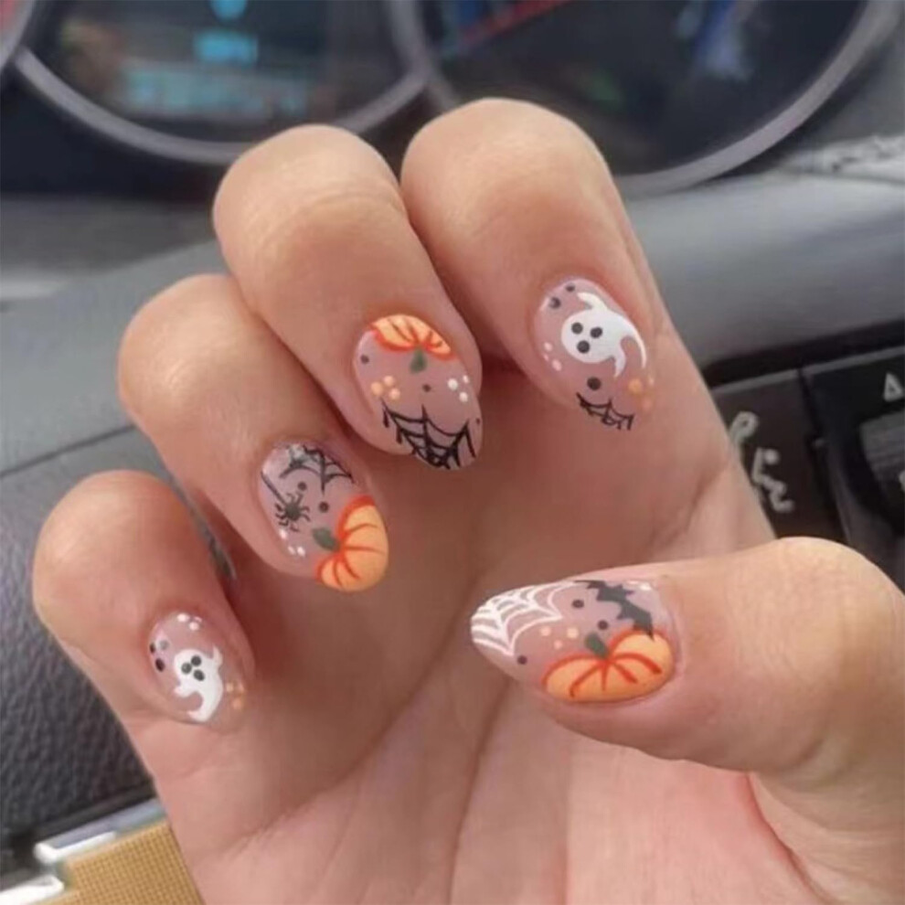 Halloween Press On Nails Set Short Almond Shape with Ghost Spider Web Pumpkin Designs