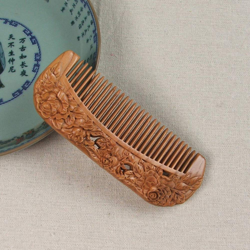 Unisex Peach Wooden Hair Comb Handmade Wood Anti Static Smooth Glide Rose Engraving Travel Size