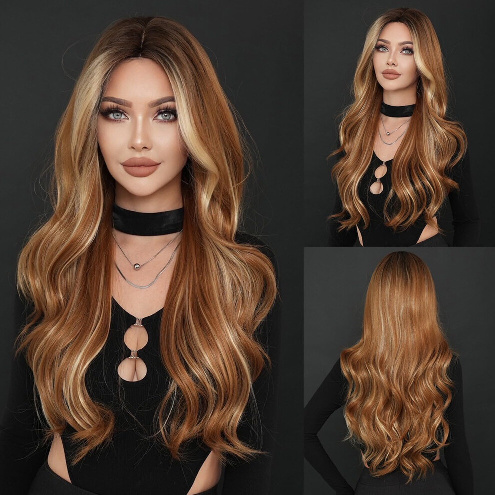 28 Inch Brown Highlights Curly Lace Front Wig Heat Resistant Synthetic Natural Looking Wavy Hair